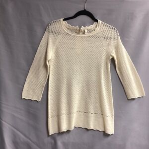 Moth Anthro Crochet Knit Lightweight Sweater  Scalloped Hem‎ 3/4 Sleeve Ivory M